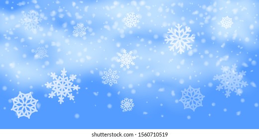 Winter  sky falling on light background. Falling Christmas Shining white transparent beautiful snow. Winter xmas decoration illustration. Snowflakes, snowfall.