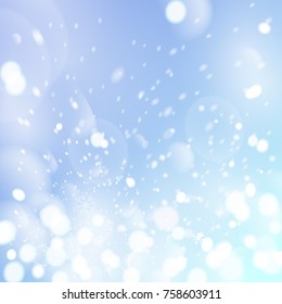 Winter sky with falling snow. Falling snow, snowflake on a blue sky. Holiday Winter background for Merry Christmas and Happy New Year. Falling snow background. Vector illustration.