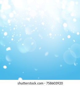 Winter sky with falling snow. Falling snow, snowflake on a blue sky. Holiday Winter background for Merry Christmas and Happy New Year. Falling snow background. Vector illustration.