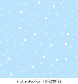 Winter sky with snow on blue background. Flying white snowflakes. Snowfall on New Year Eve. Seamless pattern.