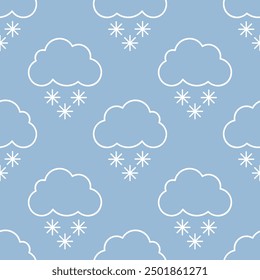 Winterhimmel, weiße Wolken und Schneeflocken auf blauem Hintergrund. Nahtloses Vektormuster.