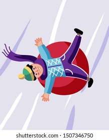 Winter sledding, fun flat vector illustration. Little boy in warm clothing cartoon character. Happy child moves down hill on tubing. Seasonal outdoor activity, childhood pastime. Active recreation