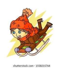 Winter sledding, fun flat vector illustration. Little girl in warm clothing cartoon character. Happy child moves down hill. Seasonal outdoor activity, childhood pastime. Active recreation