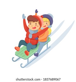 Winter sledding, fun flat vector illustration. Little boy and girl in warm clothing cartoon characters. Happy kids move down hill. Seasonal outdoor activity, childhood pastime. Active recreation