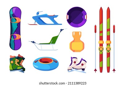 Winter sledding objects. Snowmobiles skis snowboards sleds sport transport for outdoor riding activities garish vector pictures in flat style