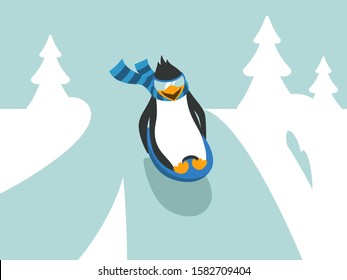 Winter sledding penguin character illustration