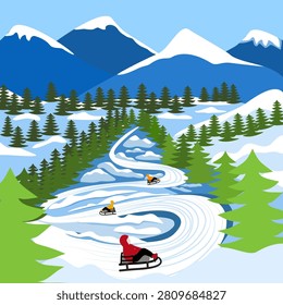 Winter sledding trail through snowy mountain forest with people riding sleds on winding downhill track, alpine landscape, snowy wilderness, outdoor seasonal travel adventure vector illustration