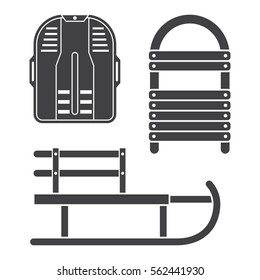 Winter sleds outline icons set in flat design. Different sleigh silhouette vector illustrations.