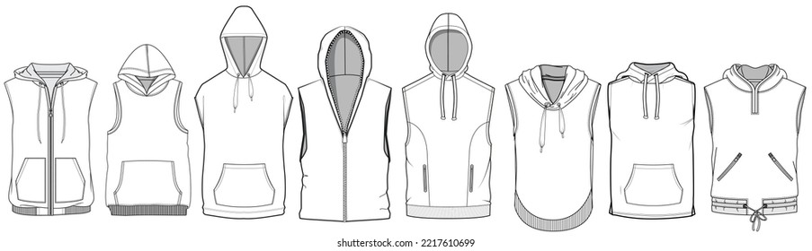 Winter Sleeveless Hoodies, Sleeveless Hoodies Jackets Set Fashion Illustration, Vector, CAD, Technical Drawing, Flat Drawing, Template, Mockup.	