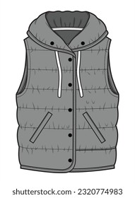 Chaqueta Puffer sin mangas de invierno Moda Esbozo plano Ilustración vectorial, CAD, Dibujo Técnico, Plano Plano, Plantilla, Trampa.