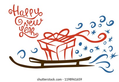 Winter sleigh with christmas gift box and lettering Happy New Year isolated on white. Hand drawn style. Vector illustration. Merry Christmas. New Year.