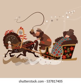 Winter sleigh with a horse, a coachman and a passenger. Vector illustration.
