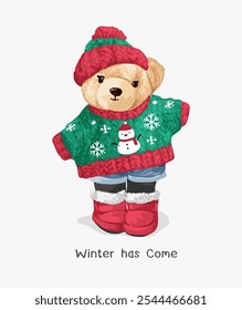 winter slogan with cute bear doll in oversize Christmas sweater vectot illustration