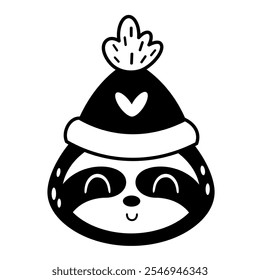 Winter sloth bear clipart. Black and white animal doodle. Cute seasonal character. Hand draw vector illustration in flat style