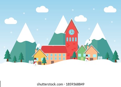 Winter in a small mountain village with retro houses and it snowing. Winter and holiday concept. Flat vector illustration