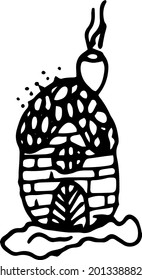 Winter small stone house with a chimney and smoke. Vector black-and-white hand-drawn illustration. The theme of Christmas, new year, winter holidays.