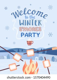 Winter smore party welcome invitation vector poster. Outdoor fun retro cartoon. Welcome invitation to s'mores picnic. Winter season holiday leisure campfire background. Marshmallow roast illustration