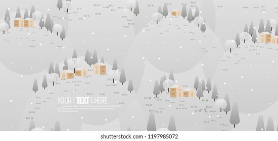 winter snovy mountain background trees and litle house for christmas view in flat style long banner