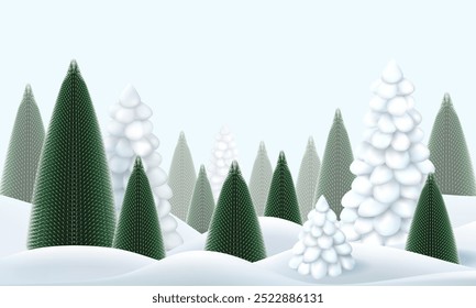 Winter snow 3d landscape scene, trees in christmas forest. 2025 silver cartoon woodland in wonderland. White blue merry xmas, noel hills with fir pines and snowdrifts. Cold snowflakes and gold decor