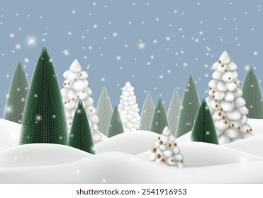 Winter snow 3d landscape scene, trees in christmas forest. 2025 silver cartoon woodland in wonderland. White blue merry xmas, noel hills with fir pines and snowdrifts. Cold snowflakes and gold decor