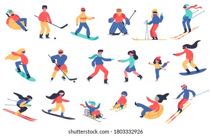 Winter snow activities. Skiing, snowboarding, hockey and ice skates, family holiday winter activities isolated vector illustration icons set. Ice hockey and board, snow extreme sport