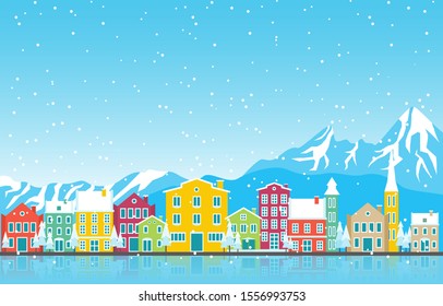 Winter Snow in Austria City Cityscape Skyline Landmark Building Illustration