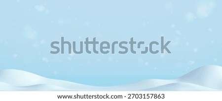 Winter snow background. 3d snowy cartoon landscape. 3d white hill, pile, snowdrift, mountain, flying snow in sky. Vector winter podium for New Year, Christmas scene, animation, product presentation
