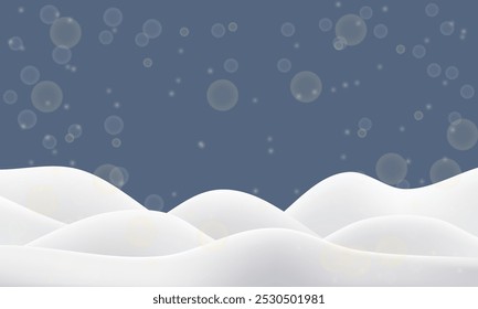 Vetor 3d de fundo de neve de inverno. Fronteira de montanha nevada para venda. Flocos de pastel caem ao chão. Estágio noturno de pilha de flocos de neve ou de deriva de neve. Realista cena de gelo de Natal com camadas brancas de tampas de colina.