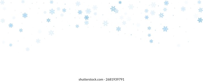 Winter snow background. Abstract blue frozen flake texture. White frosty border with snowy crystal elements. Holiday season falling sky design. Vector illustration.