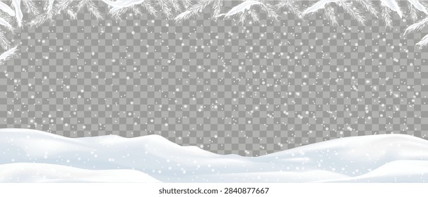 Winter Snow Background With Falling Snow, White Snowdrifts And Frosted Pine Branches, Christmas Frame, Empty Board And Copy Space For New Year, Merry Xmas Card And Holiday Design Template.
