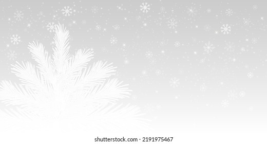 Winter snow background with frozen Christmas tree and sequins. New Year's template for printing, greeting cards,banners,wallpapers,web design