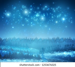 Winter Snow Background With Night Stars And Trees, Vector