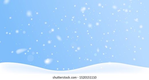 Winter snow background on blue backdrop. Magic white snowfall texture. Vector 3d illustration. Christmas abstract banner.
