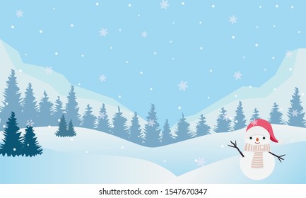 Winter snow background. Snowman on hill in forest. Vector illustration.