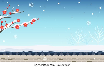 Winter snow background vector illustration, Red plum blossom with traditional stone wall fence.