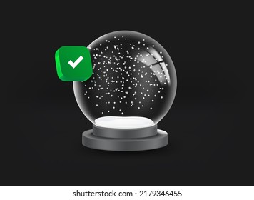 Winter snow ball with checkmark icon. 3d vector illustration

