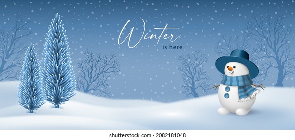 Winter Snow Banner with a cute snowman in a hat with a brim