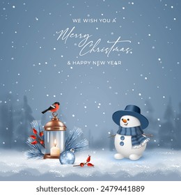 Winter Snow Banner with a cute snowman in a hat, burning candle in a clear glass jar and a bird