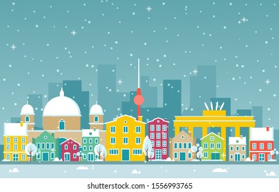 Winter Snow in Berlin City Cityscape Skyline Landmark Building Illustration