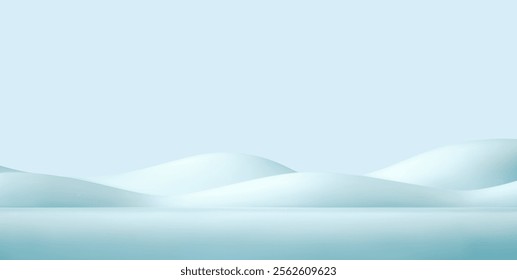 Winter snow blue background. 3d cartoon snowdrift empty mockup. Snow pile, landscape,mountain, hill, drift scene. Snowy decoration floor, podium display. Decoration winter holiday vector element