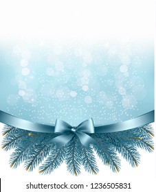 Winter snow and blue ribbon background with Christmas branch of tree . Vector.