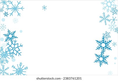 winter snow with blue snowflakes on a white background. Festive Christmas banner, New Year card. Symbols of frosty winter. Vector illustration.