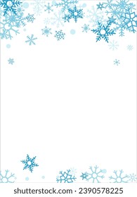 winter snow with blue snowflakes on a white background. Festive Christmas banner, New Year card. Symbols of frosty winter. Vector illustration.