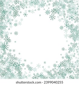 winter snow with blue snowflakes on a white background. Festive Christmas banner, New Year card. Symbols of frosty winter. Vector illustration.