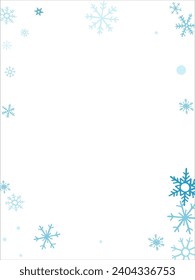 winter snow with blue snowflakes on a white background. Festive Christmas banner, New Year card. Symbols of frosty winter. Vector illustration.