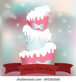 Winter snow cake greeting card. Vector
