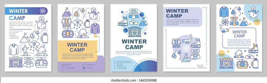 Winter, snow camp, holiday resort brochure template layout. Flyer, booklet, leaflet print design with linear illustrations. Vector page layouts for magazines, annual reports, advertising posters