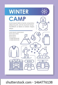 Winter, snow camp, holiday resort brochure template layout. Flyer, booklet, leaflet print design with linear illustrations. Vector page layouts for magazines, annual reports, advertising posters
