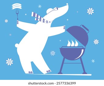  Winter. Snow. Cartoon bear preparing meal on fire. Cheerfulness cartoon bear frying sausages and steaks on the grill