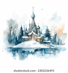 Winter Snow Castle of the Midsummer Night Watercolor Vector